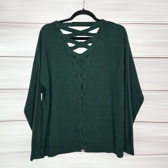 Aqua Cashmere Lace-up Back Cashmere Sweater V-neck Dark Green Relaxed Fit L - Picture 9 of 10